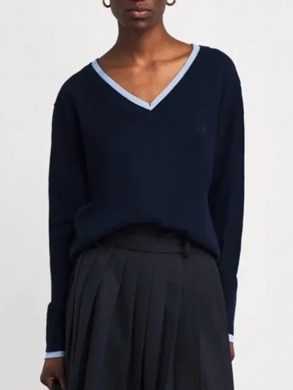 Sandro V-Neck Wool-Cashmere Sweater Navy with Light Blue Trim Oversized